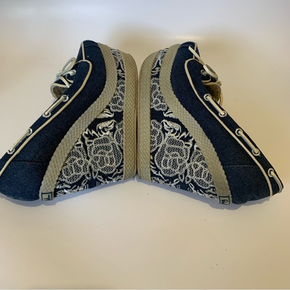 Philip Simon Blue Denim Embroidered Platforms with White Tie Bow - Picture 9 of 11